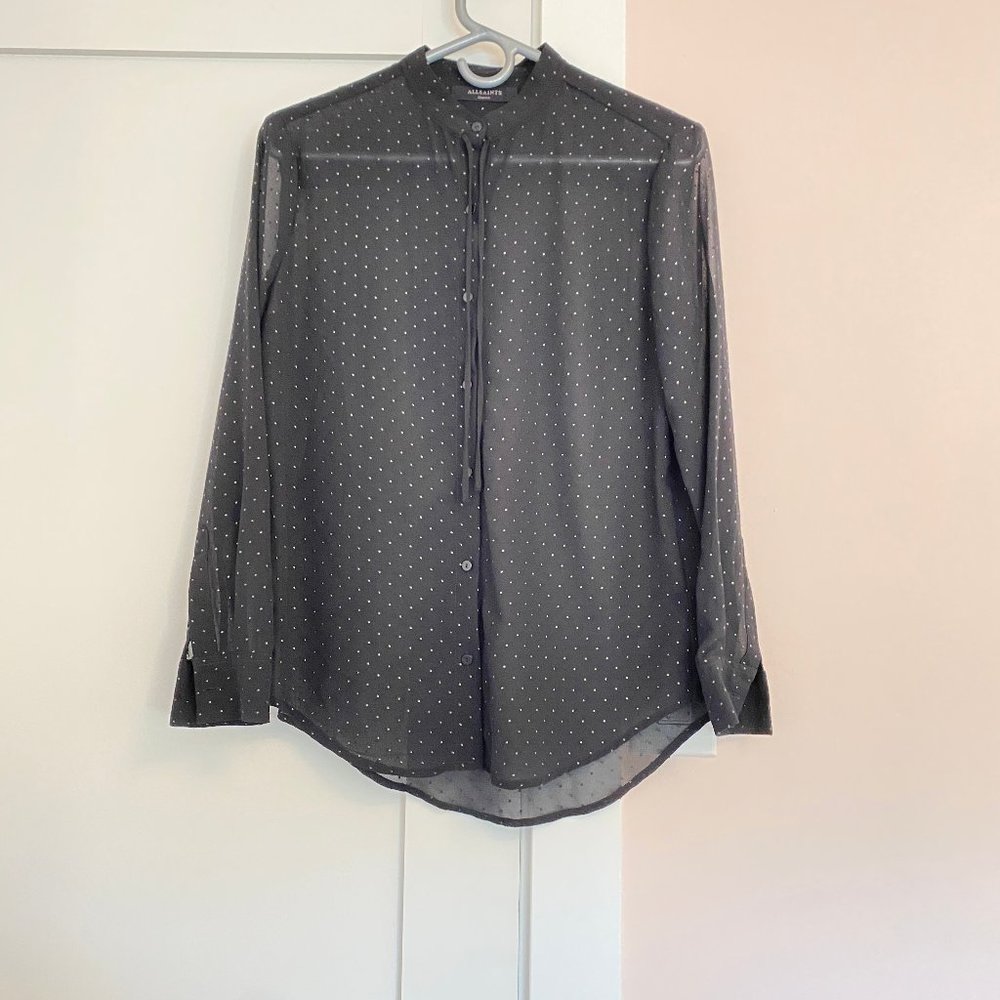 All Saints Mock Neck Sheer Studded Long Sleeve Shirt Cinchable collar BLACK S